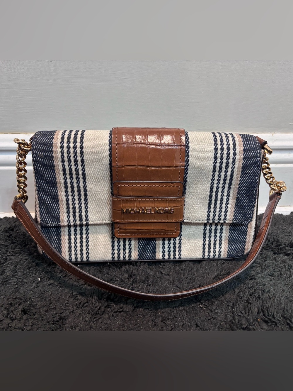 Michael Kors Sage Striped Canvas Flap Shoulder Bag